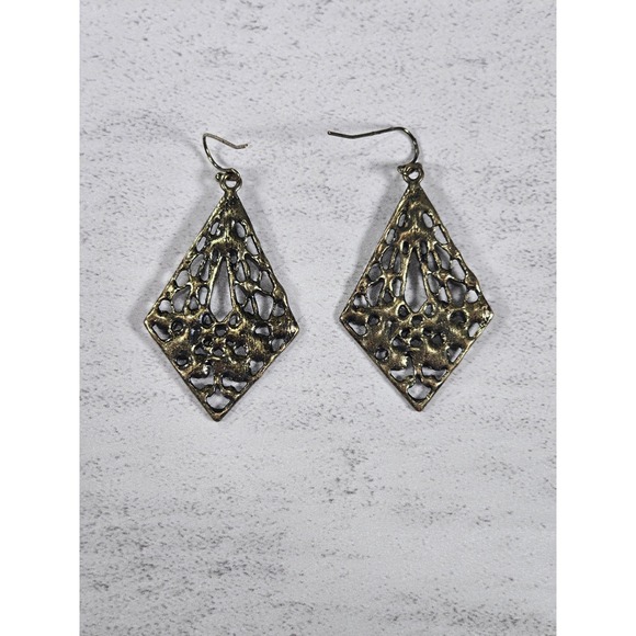 Vintage Filigree Dangle Earrings Diamond Floral Drop Brass Tone - Picture 11 of 11